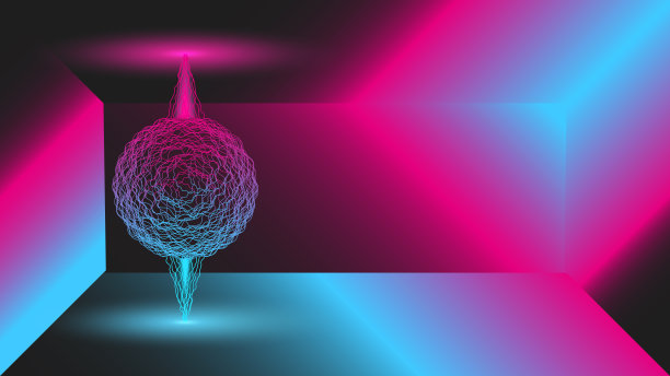 发光的神秘3d球，蓝粉色梯度能量束，梦幻般的房间等距空间，赛博朋克场景的未来主义插画。素材图片