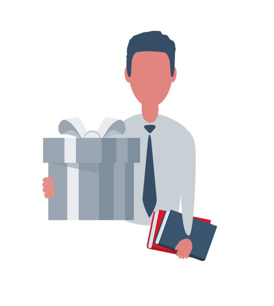 商人或职员拿着一本书和一个礼品盒。男性人物以简单的对象风格，平面矢量插图。在白色背景上隔离图片下载