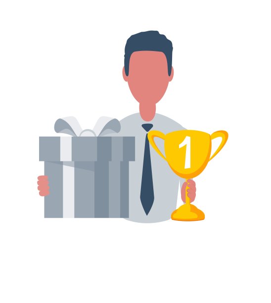 拿着奖杯和礼盒的商人或职员。男性角色在简单的风格与对象，平面矢量插图。在白色背景上隔离图片下载
