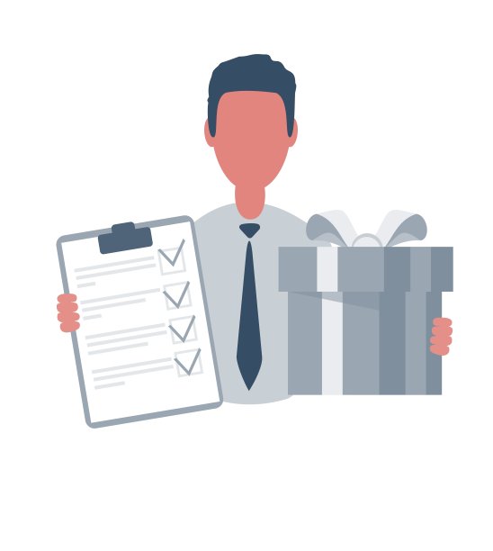 拿着问卷和礼品盒的商人或职员。男性角色在简单的风格与对象，平面矢量插图。在白色背景上隔离图片下载