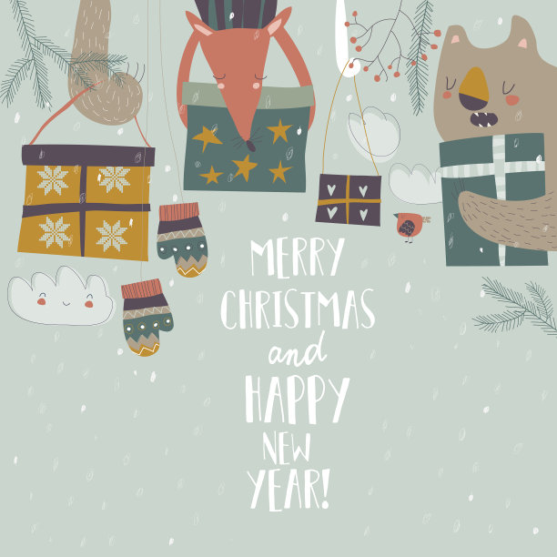 卡通快乐的动物拿着圣诞礼物图片下载