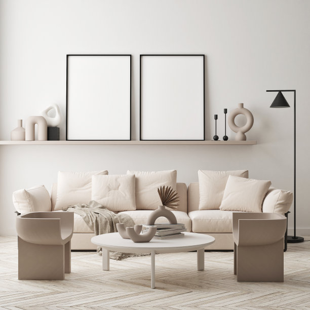 模拟海报框架在现代室内背景，斯堪的纳维亚风格，3D渲染图片下载