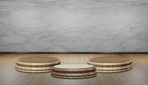 产品展示架，房间木地板上的圆形吧台，3D插画图片下载