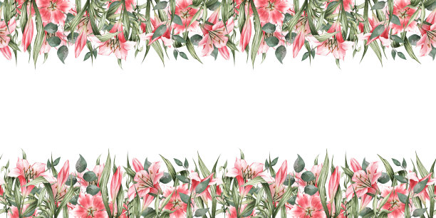 春天的背景手绘水彩。春天的插图与粉红色的百合和绿色的叶子。精美的手绘水彩插图。伟大的小册子，壁纸，印刷品，小册子，ca图片下载