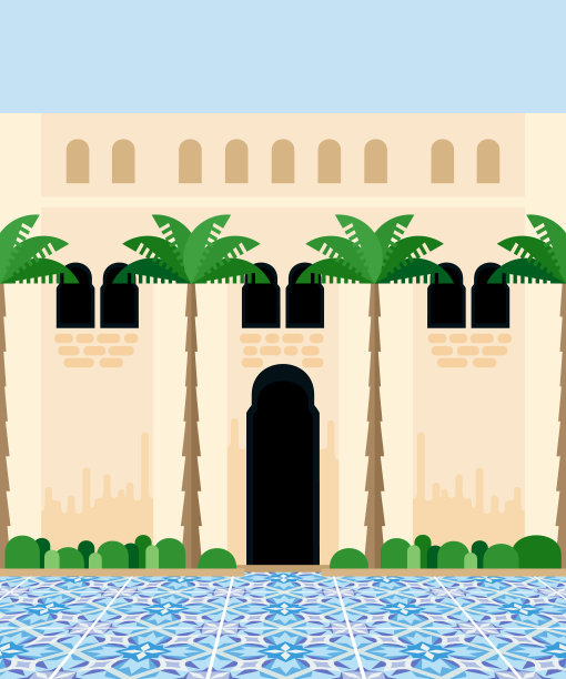 地中海庭院，传统的蓝色瓷砖地板。图片下载