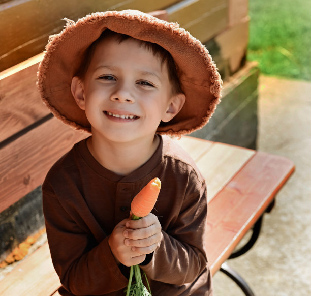 微笑的男孩和胡萝卜坐在长凳上图片下载