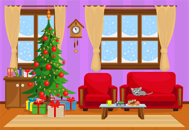 有圣诞树礼物的圣诞客厅图片下载