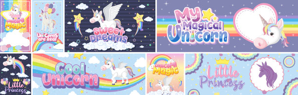 可爱的独角兽旗帜在柔和的背景颜色图片下载