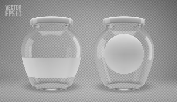一套有盖的玻璃果酱罐。有白色盖子和标签的透明罐子。现实的3 d演示。向量图片下载