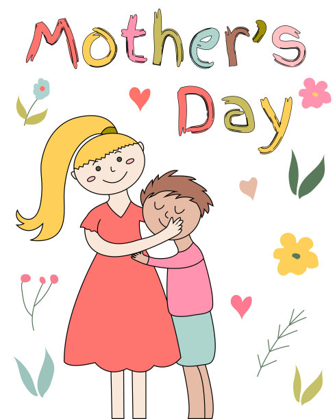 母亲节。母亲和孩子。妈妈拥抱孩子。庆祝母亲节的贺卡。背景有花、心、叶。向量卡通插图。图片下载