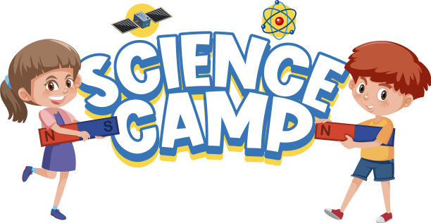 科学营标志和抱着磁铁的孩子隔离图片下载