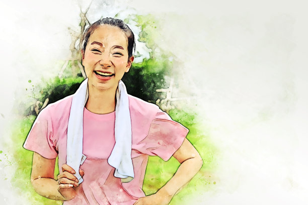 幸福亚洲年轻女子瑜伽运动锻炼在花园在家里的水彩插画绘画背景。图片下载