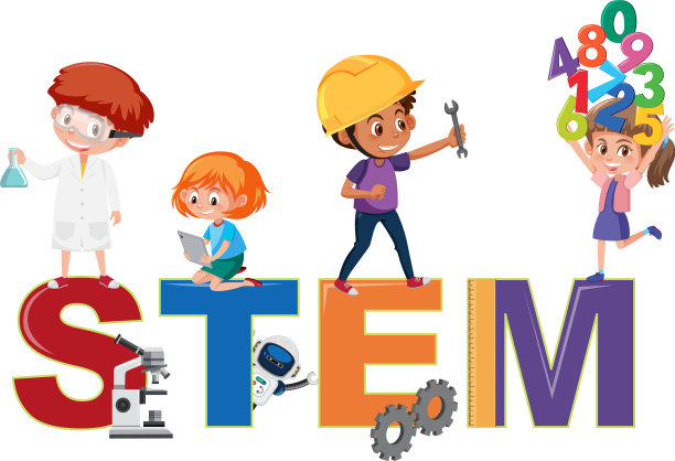 Stem标志与孩子们在许多教育活动中图片下载