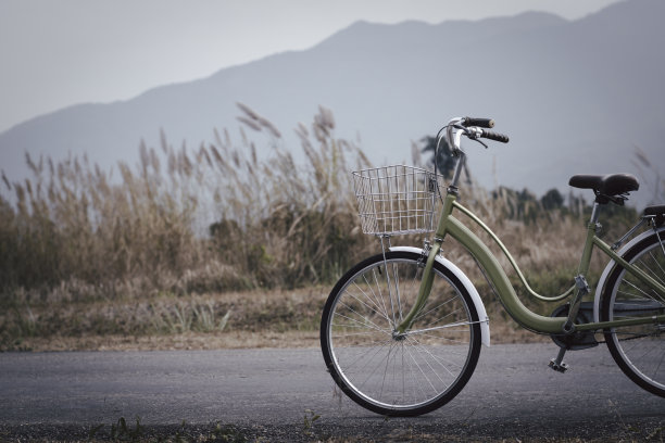 绿色和白色的自行车停在路边图片下载