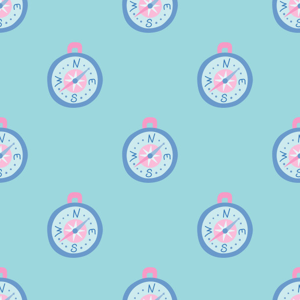 指南针在绿色背景上，平的风格。向量无缝模式图片下载