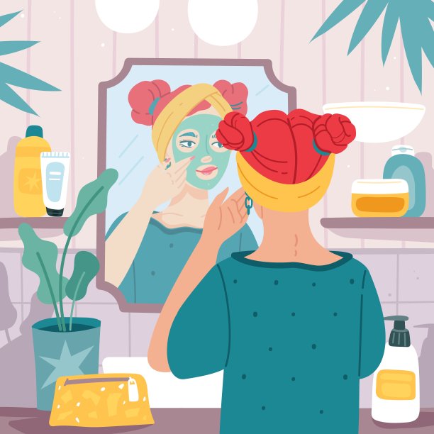 镜面反射。美丽女人在浴室内部做面膜，女性护理皮肤常规和卫生，女孩早晨美容常规，有机化妆品向量卡通概念图片下载