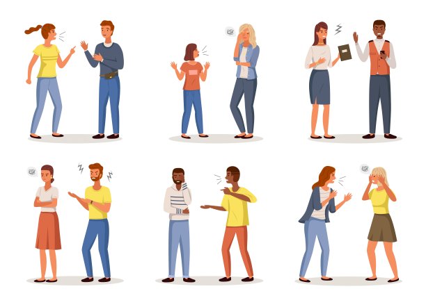 愤怒的人。冲突的情况。卡通人物会和同事、孩子、伙伴或朋友吵架。积极的沟通场景。在家和办公室发誓，向量集合图片下载