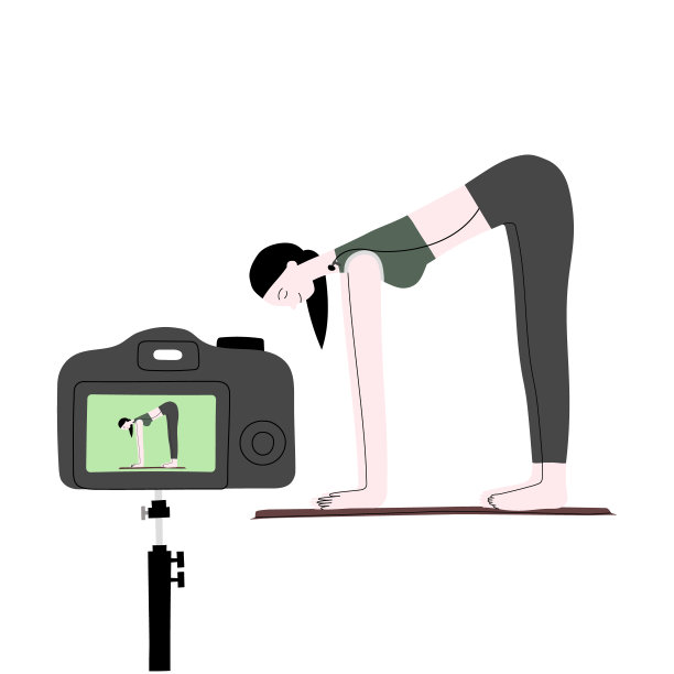 视频健身博客矢量手绘插图。在三脚架上对着镜头做运动的女性人物网络博主。视频博客设备。孤立在白色背景上。图片下载