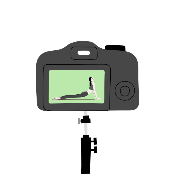 视频健身博客矢量手绘插图。在三脚架上对着镜头做运动的女性人物网络博主。视频博客设备。孤立在白色背景上。图片下载