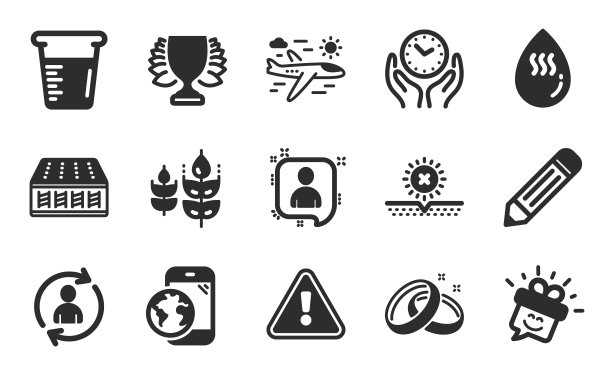 开发者聊天，赢家和微笑图标集。个人信息，结婚戒指和热水标志。向量图片下载