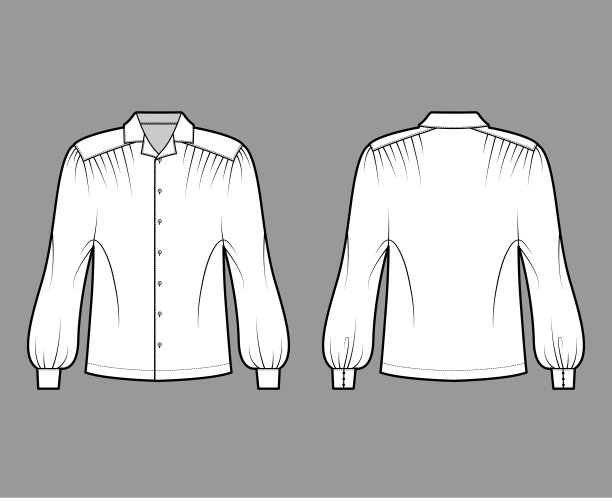 高乔衬衫技术时尚插图与杜曼蓬松长袖，敞开衣领，超大，钮扣。平图片下载