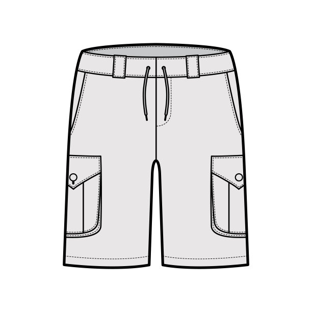 短货技术时尚插图与中大腿长度，低腰，上升，割伤，风箱口袋。平的百慕大图片下载