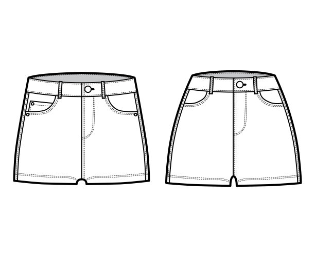 一套牛仔热短裤技术时尚插画与微型长度，正常低腰，5个口袋。平底图片下载