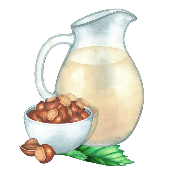 水彩玻璃水罐的植物牛奶装饰碗榛子和树叶图片下载
