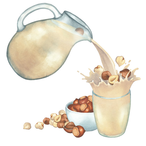 以水彩植物为基础的牛奶从玻璃杯倒入杯中，并撒上榛子图片下载
