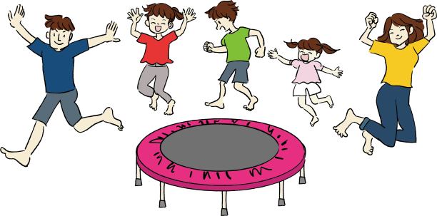 一个家庭在蹦床上飞行的插图图片下载