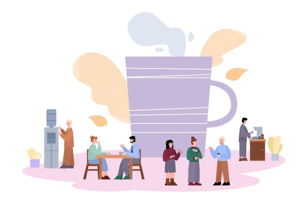 咖啡休息在办公室横幅与人，卡通矢量插图孤立。图片下载