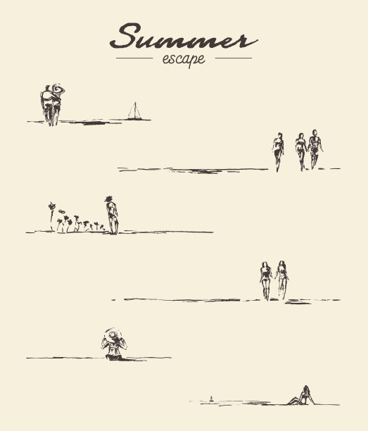 设定绘制海边视图的人海滩矢量素描图片下载