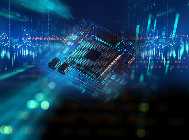 抽象未来的蓝色电路板和cpu的3d渲染图片下载