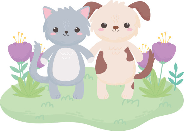 可爱的狗、猫、花、树、卡通动物在一起图片下载