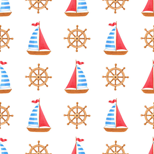 水彩海洋无缝图案用木船、舵轮。水彩夏季插图与海洋符号在白色的背景图片下载