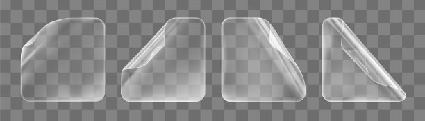 透明粘方形贴纸与卷曲角模拟设置。空白不干胶纸或塑料不干胶标签具有卷曲效果。模板标签标签关闭。三维逼真矢量图标图片下载