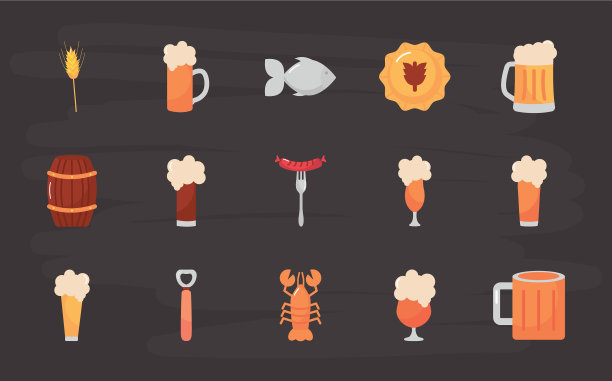 鱼和啤酒节的图标设置扁平风格图片下载