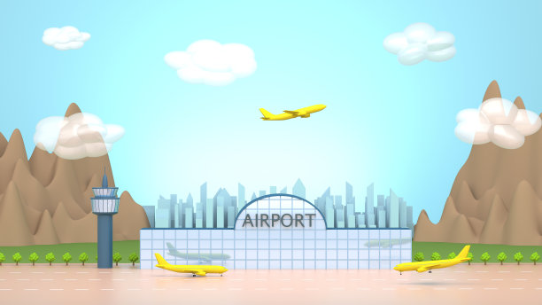插图-机场的概念。一个机场建筑和飞机的概念场景。背景是山脉和城市。三维渲染图片下载