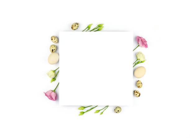 复活节组成。复活节彩蛋，鲜花，白底白纸。平躺，俯视图，复制空间，模拟。图片下载