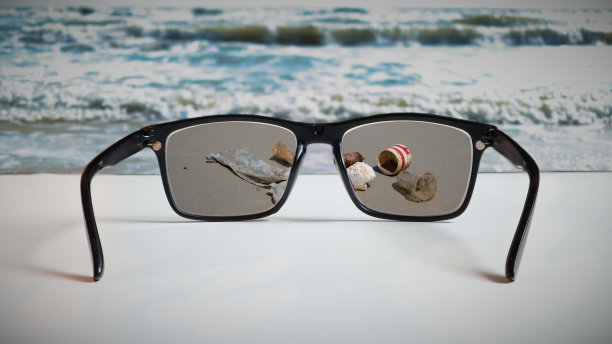 抽象插图反映了人们对海洋环境的认识。通过玻璃反射海滩上的垃圾和毒素。图片下载