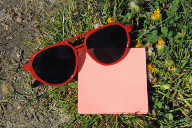 贴纸空白和红色太阳镜在草地上俯视图，模拟起来，平躺图片下载
