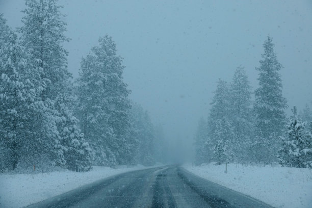 POV:在一场严重的暴风雪中，驾驶在爱达荷州一条下雪的乡村道路上。图片下载
