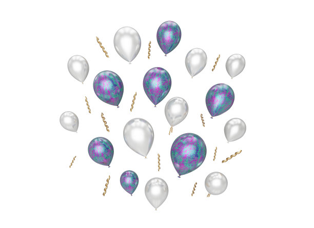许多美丽的气球在白色背景上孤立地飞行，3d渲染图片下载
