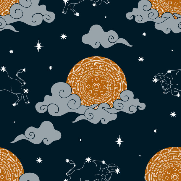 在深蓝色的背景上重复与牛生肖天空的矢量图案。星象壁纸设计与中国月亮。神秘空间时尚纺织。图片下载