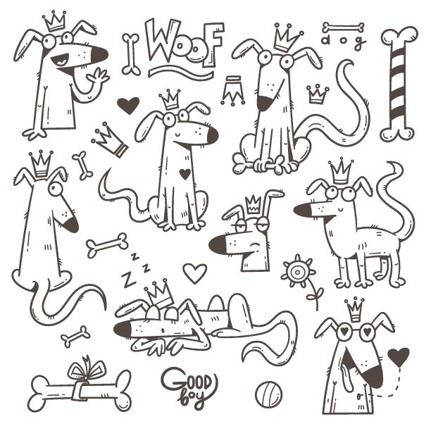 设置可爱的卡通狗。有趣的小狗和骨头。好男孩。带快乐动物的矢量贴纸包。图片下载