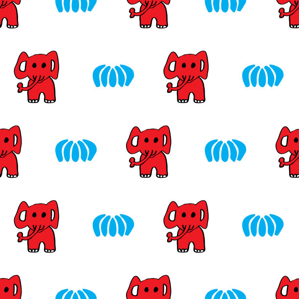 可爱的无缝图案，红色的大象和蓝色的香蕉。手绘。图片下载