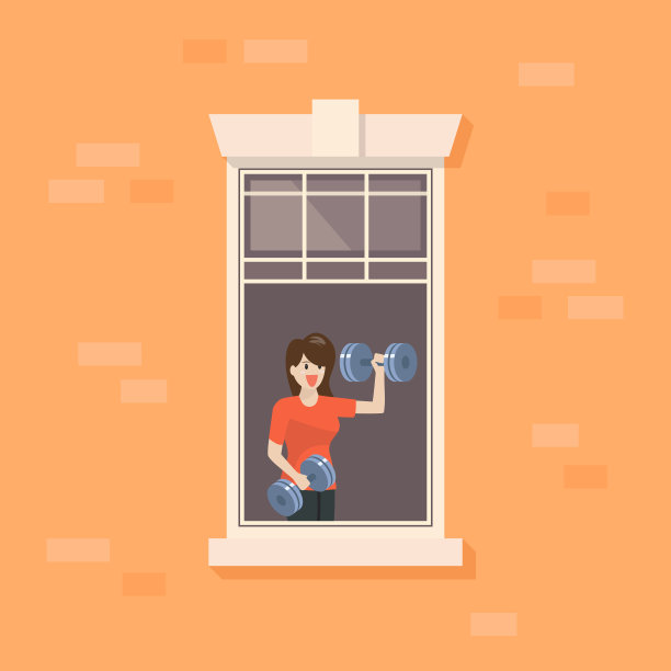 公寓窗户上有个女人在做负重训练图片下载
