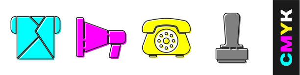 设置信封、扩音器、电话和邮票图标图片下载