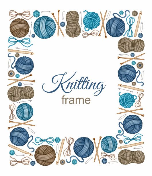 水彩编织和钩针工具框架。采购产品木制的编织针，钩针钩，纱线绞，羊毛球，纽扣。手绘背景，边框设计图片下载