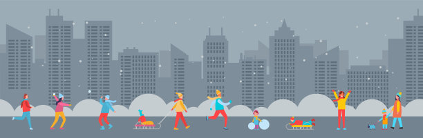 全景的人们打雪球，骑雪橇，遛狗在冬天的城市背景图片下载